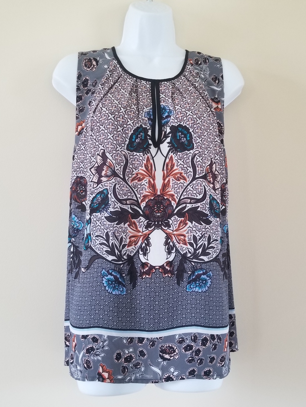 Daniel Rainn Sleeveless Floral Print Top - Gray & Blue Size XL